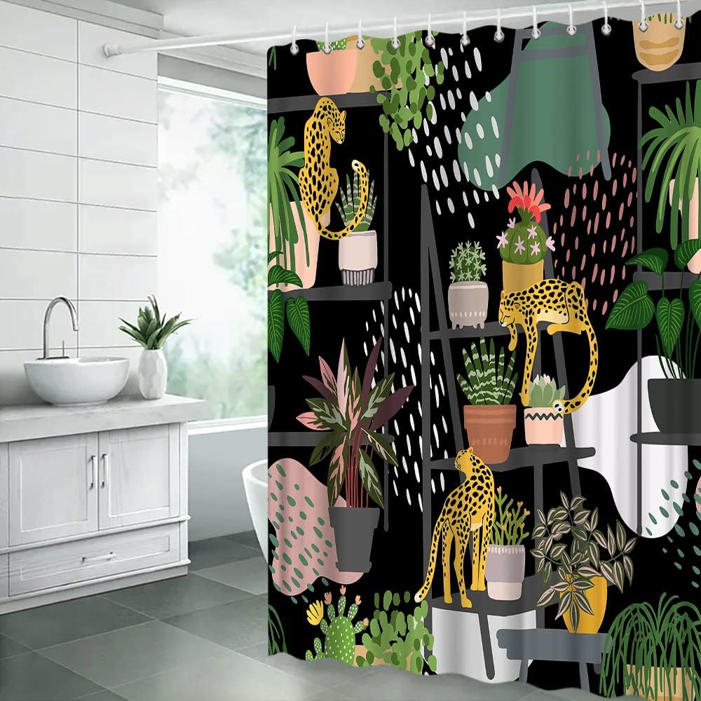 Animal Tiger and Cactus Succulent Shower Curtain with African Tropical Boho Nature Garden