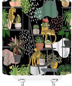 Animal Tiger and Cactus Succulent Shower Curtain with African Tropical Boho Nature Garden