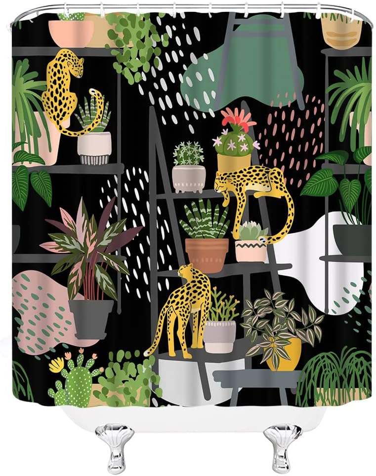 Animal Tiger and Cactus Succulent Shower Curtain with African Tropical Boho Nature Garden