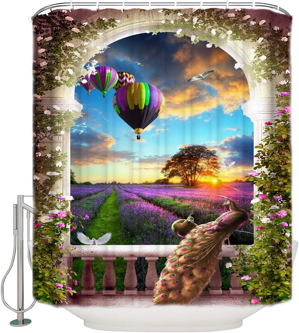 Animal and Floral Spring Decor Shower Curtain with Peacock Print