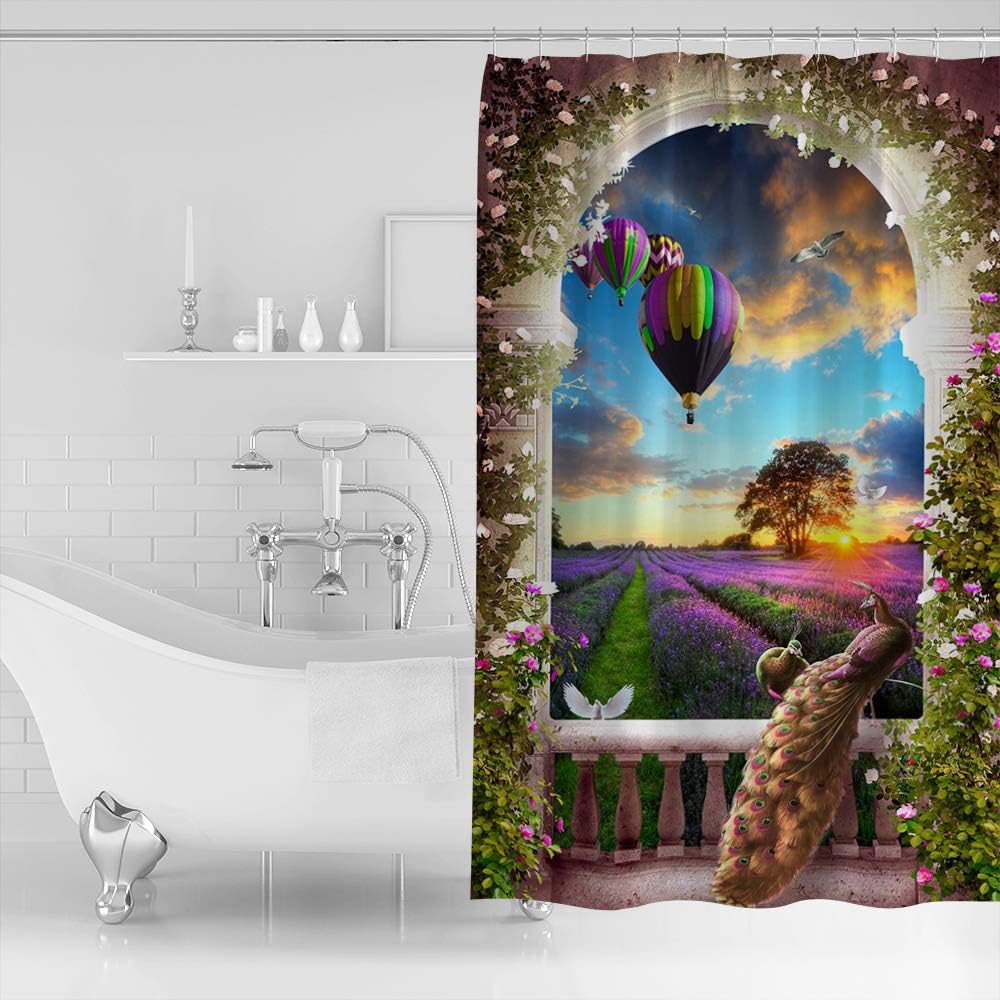 Animal and Floral Spring Decor Shower Curtain with Peacock Print