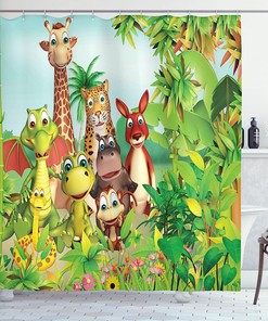 Animals Giraffe Tiger Snake Dinosaur Hippo Monkey Jungle Theme Shower Curtain - Cloth Fabric Bathroom Decors