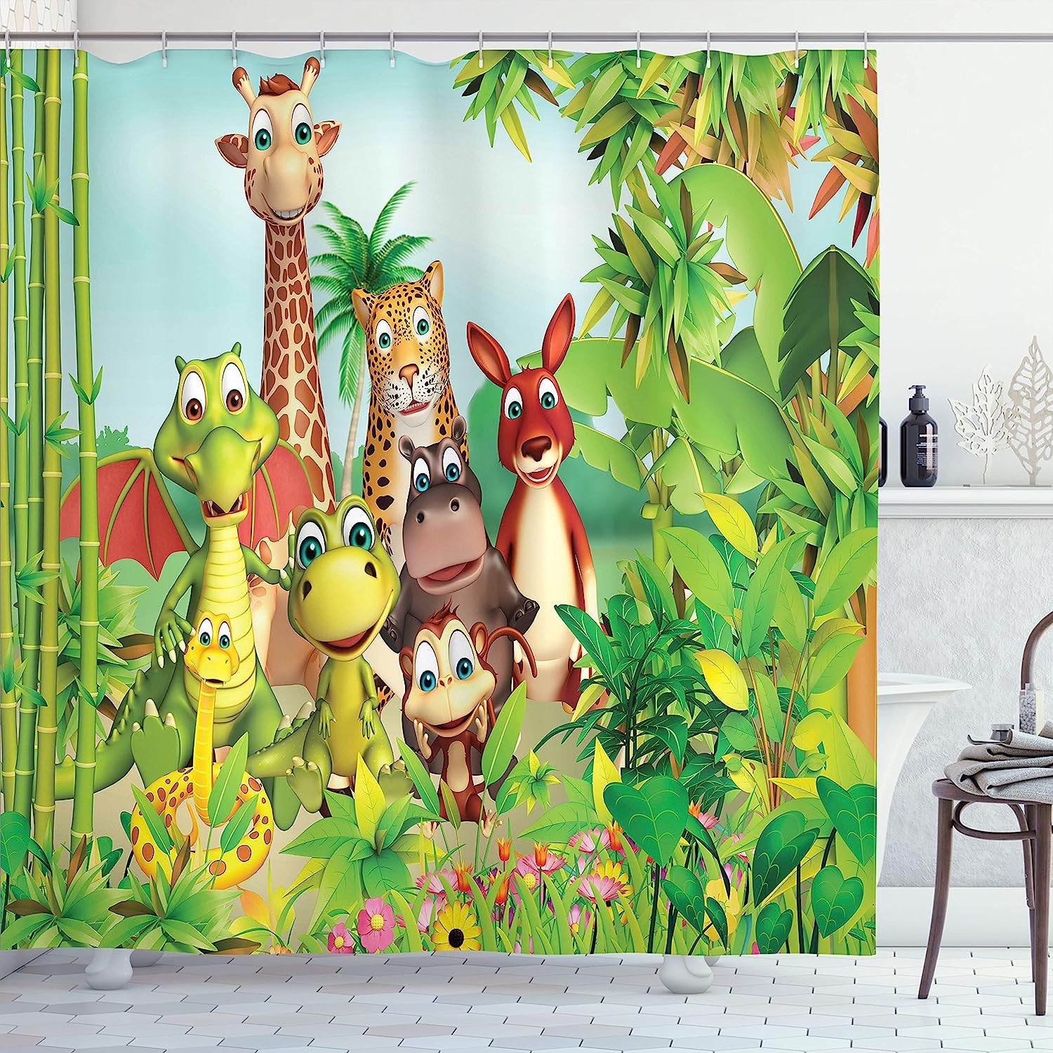Animals Giraffe Tiger Snake Dinosaur Hippo Monkey Jungle Theme Shower Curtain - Cloth Fabric Bathroom Decors