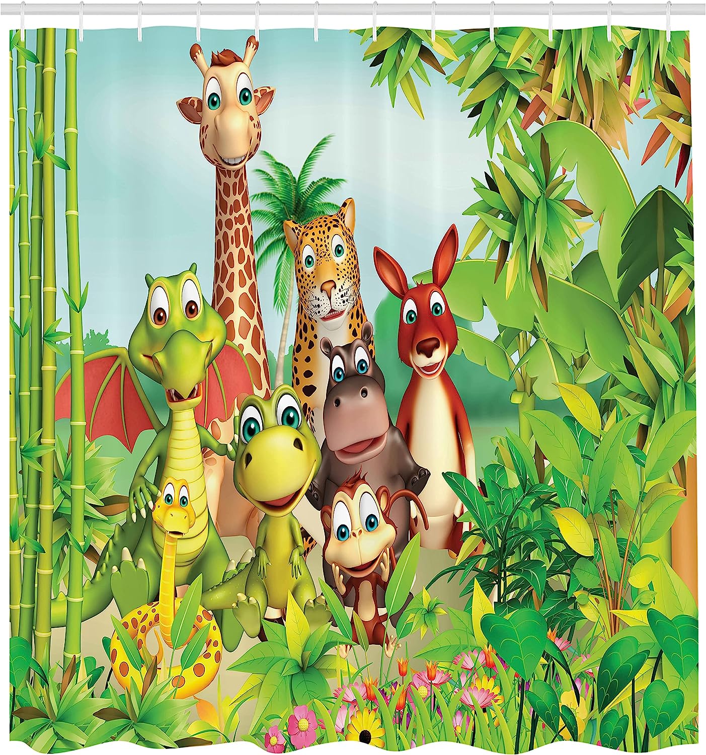 Animals Giraffe Tiger Snake Dinosaur Hippo Monkey Jungle Theme Shower Curtain - Cloth Fabric Bathroom Decors - Image 2