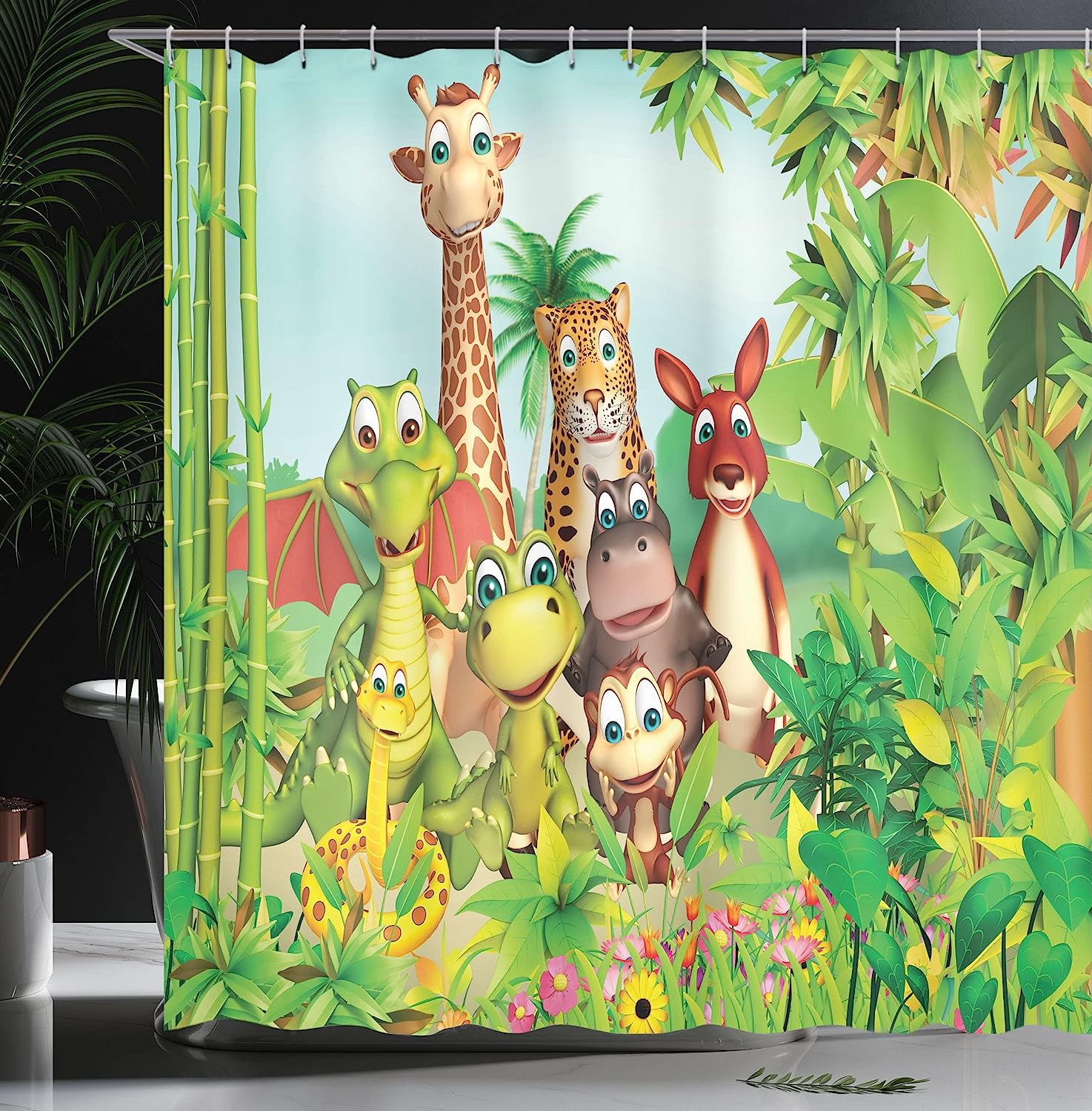 Animals Giraffe Tiger Snake Dinosaur Hippo Monkey Jungle Theme Shower Curtain - Cloth Fabric Bathroom Decors - Image 3