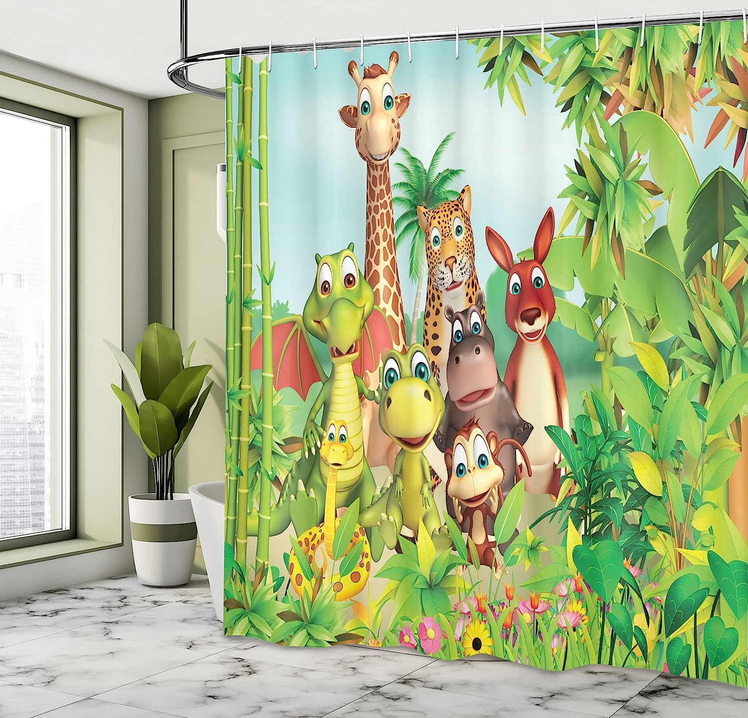 Animals Giraffe Tiger Snake Dinosaur Hippo Monkey Jungle Theme Shower Curtain - Cloth Fabric Bathroom Decors - Image 4