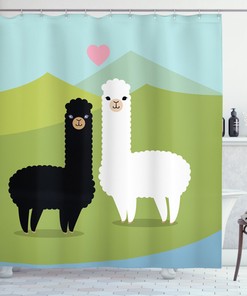 Animals in Love Llama Hill Shower Curtain - Childish Cartoon Animal Bathroom Decor