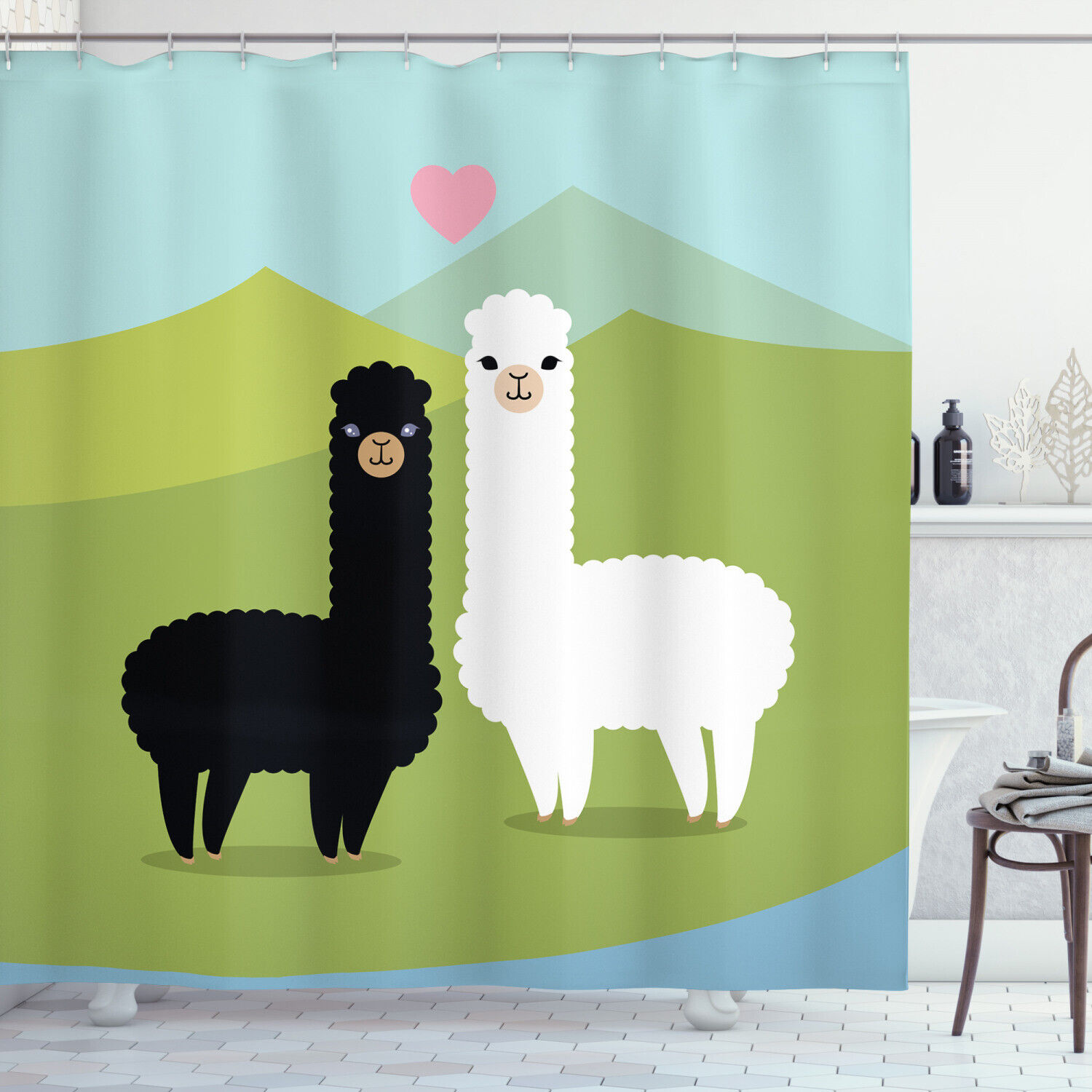 Animals in Love Llama Hill Shower Curtain - Childish Cartoon Animal Bathroom Decor