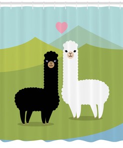 Animals in Love Llama Hill Shower Curtain - Childish Cartoon Animal Bathroom Decor