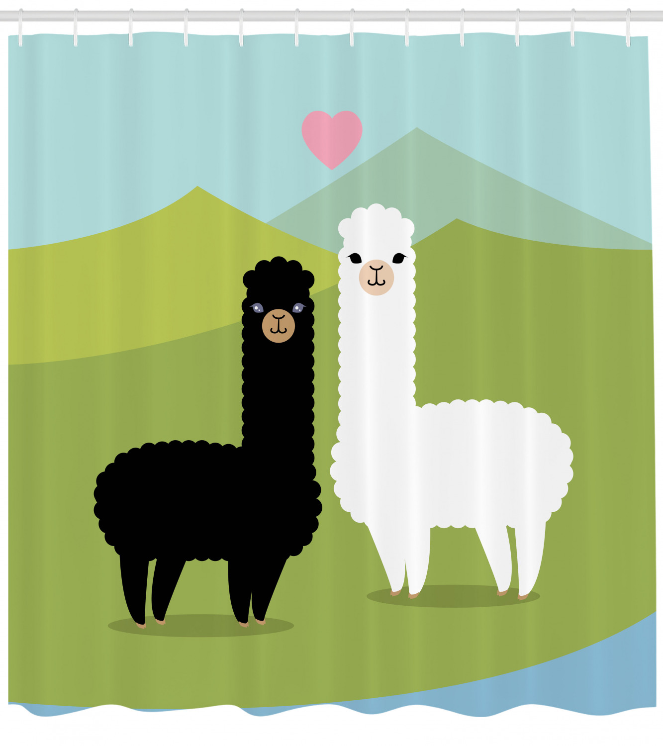 Animals in Love Llama Hill Shower Curtain - Childish Cartoon Animal Bathroom Decor