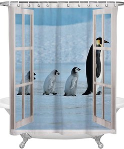 Antarctic Penguin Window View Shower Curtain, Waterproof Bathroom Curtain Set