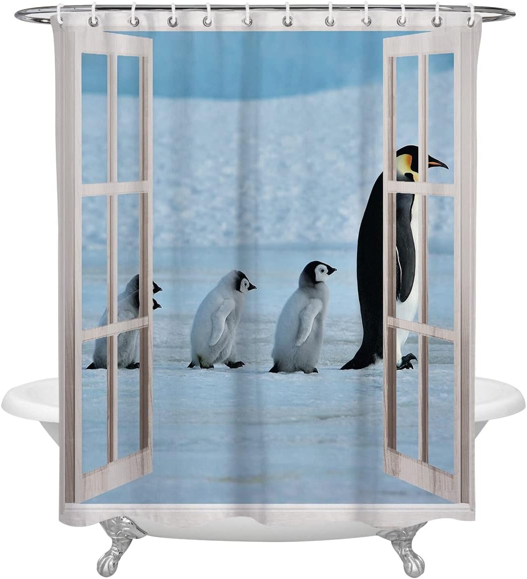 Antarctic Penguin Window View Shower Curtain, Waterproof Bathroom Curtain Set
