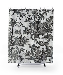 Antique Black Toile de Jouy Print Shower Curtain, Vintage European Pattern, Country Cottage Farmhouse, Bathroom Decor