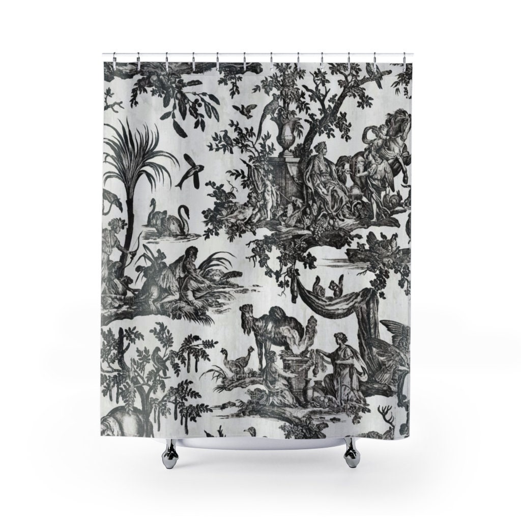 Antique Black Toile de Jouy Print Shower Curtain, Vintage European Pattern, Country Cottage Farmhouse, Bathroom Decor