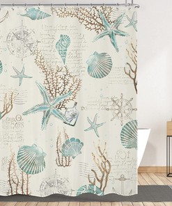 Antique Coastal Shower Curtain - Retro Vintage with Starfish, Seashells and Sea Horse Designs