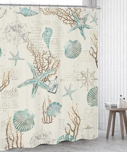 Antique Coastal Shower Curtain - Retro Vintage with Starfish, Seashells and Sea Horse Designs