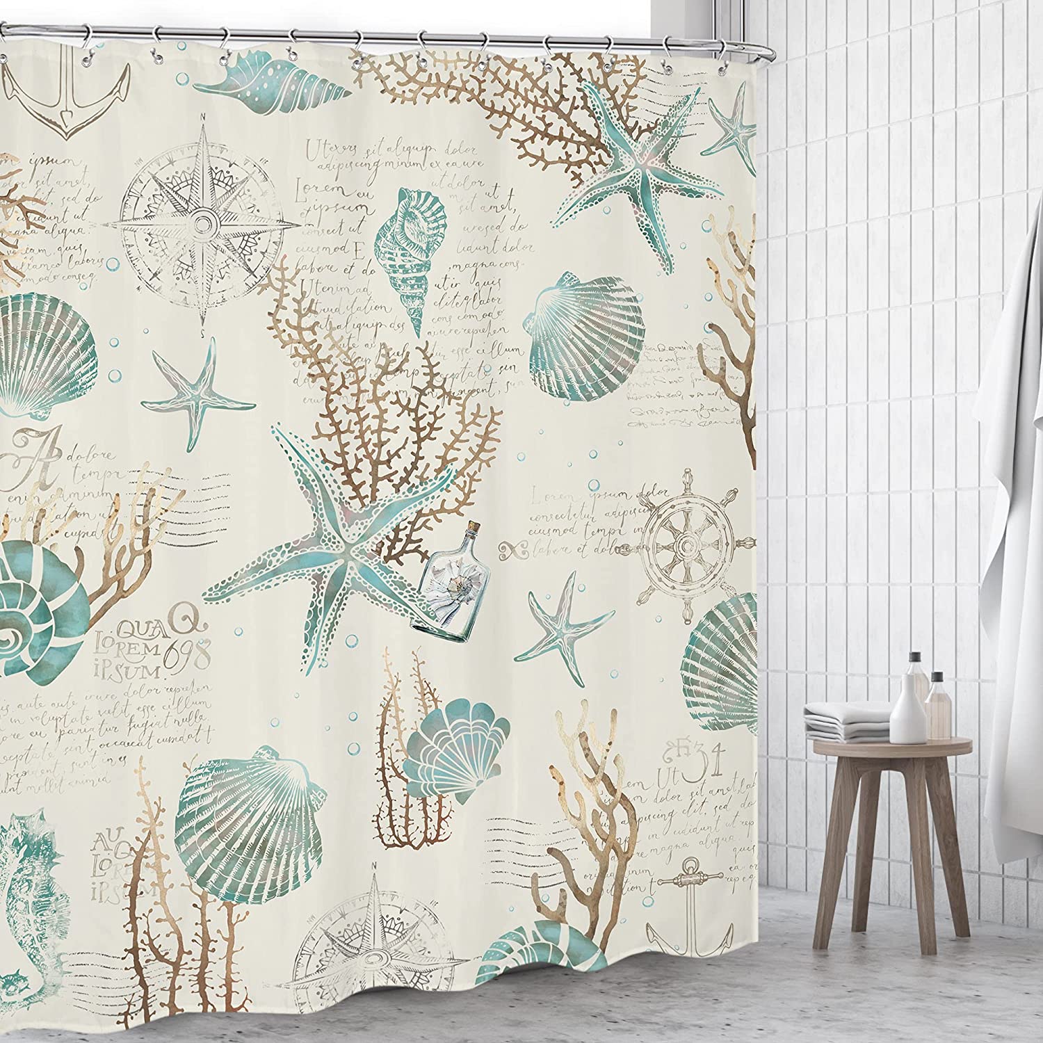 Antique Coastal Shower Curtain - Retro Vintage with Starfish, Seashells and Sea Horse Designs