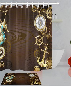 Antique Golden Anchor Steering Wheel Gear Full Size Fabric Shower Curtain for Bathroom