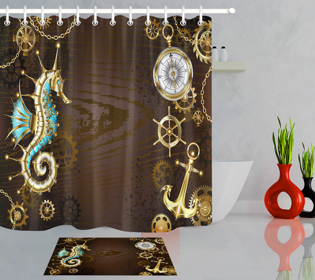Antique Golden Anchor Steering Wheel Gear Full Size Fabric Shower Curtain for Bathroom