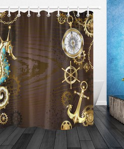 Antique Golden Anchor Steering Wheel Gear Full Size Fabric Shower Curtain for Bathroom