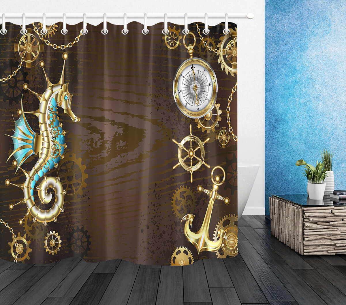 Antique Golden Anchor Steering Wheel Gear Full Size Fabric Shower Curtain for Bathroom