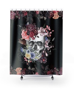 Antique Gothic Red Roses Flower Pastel Skull Tattoo Shower Curtain For Horror Fans