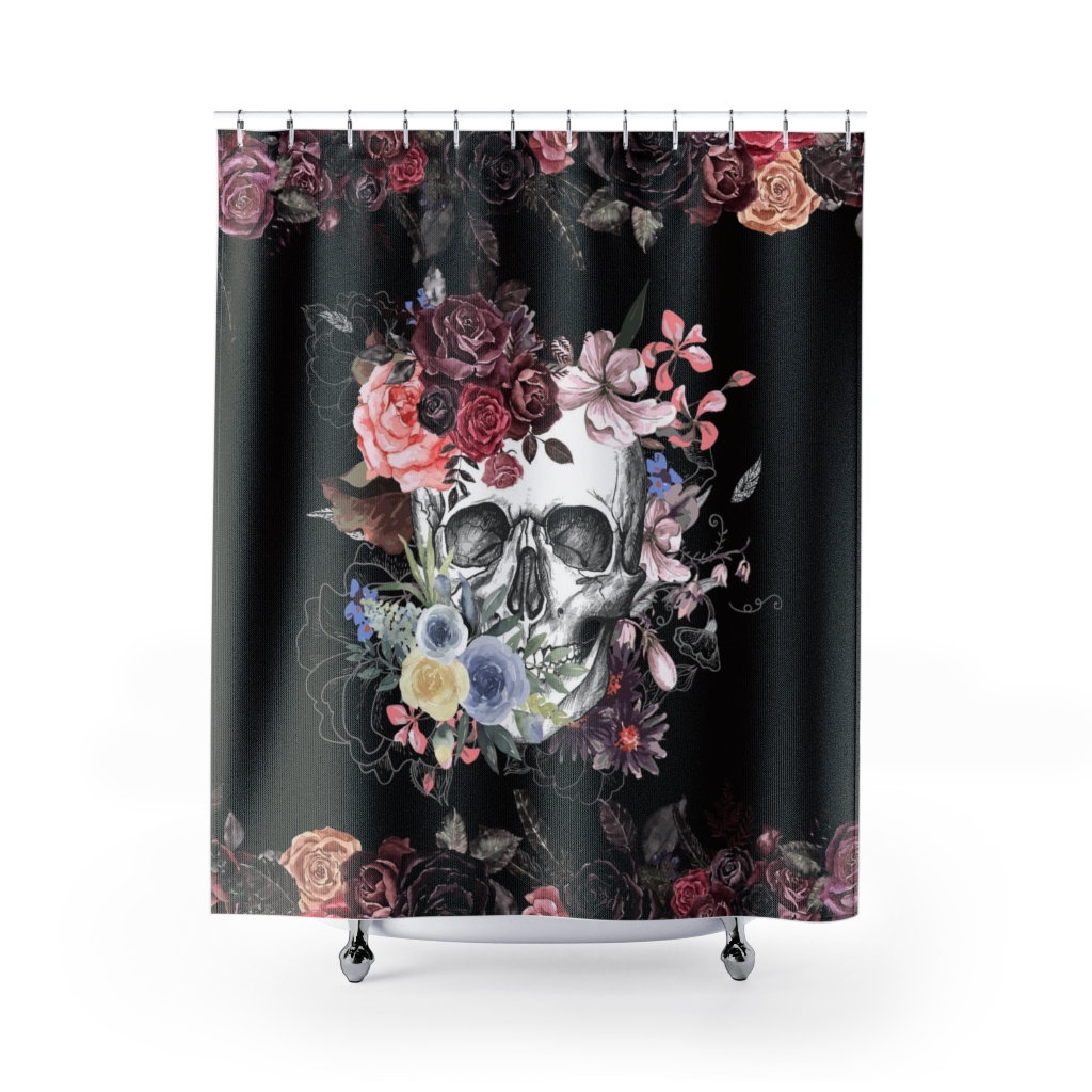 Antique Gothic Red Roses Flower Pastel Skull Tattoo Shower Curtain For Horror Fans