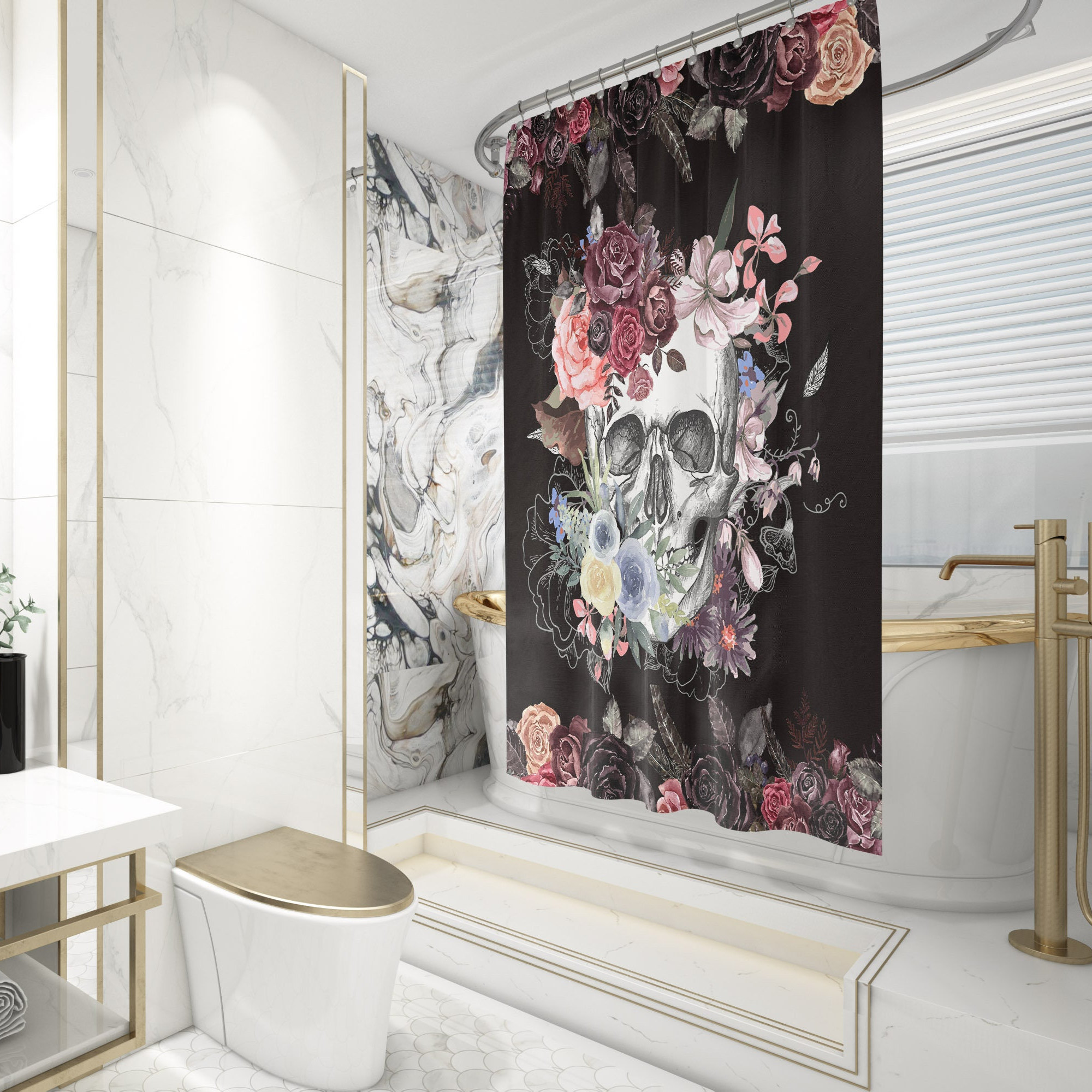 Antique Gothic Red Roses Flower Pastel Skull Tattoo Shower Curtain For Horror Fans - Image 2
