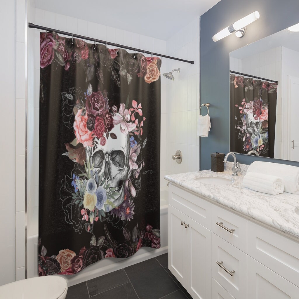 Antique Gothic Red Roses Flower Pastel Skull Tattoo Shower Curtain For Horror Fans - Image 3