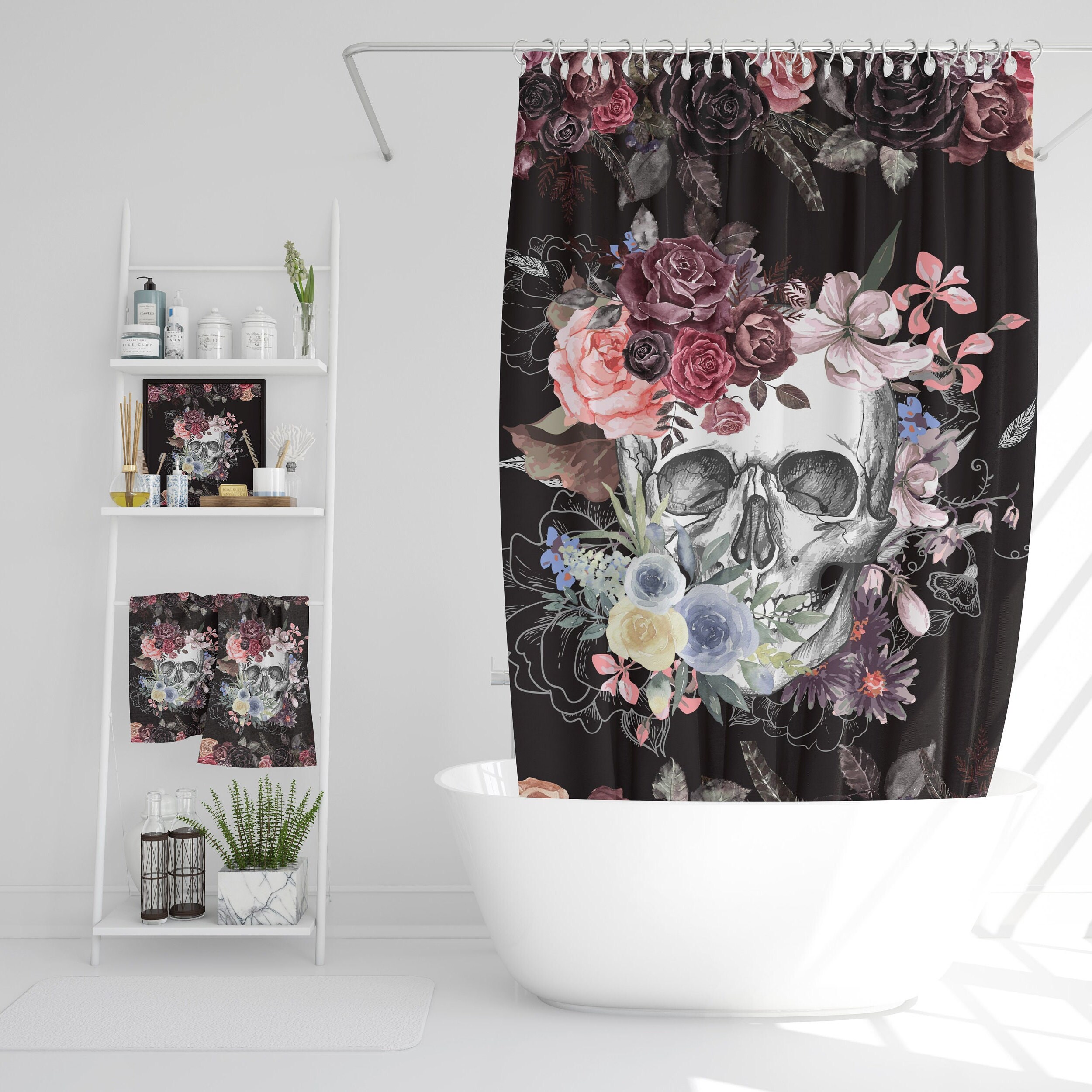Antique Gothic Red Roses Flower Pastel Skull Tattoo Shower Curtain For Horror Fans - Image 4