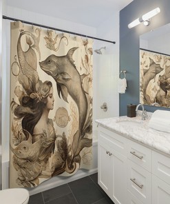Antique Mermaid And Marine Life Shower Curtain For Scientific Illustration Lovers