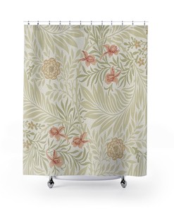Antique Pattern Print Bath Decor with William Morris Soft Green, Pink & Ivory Larkspur Shower Curtain