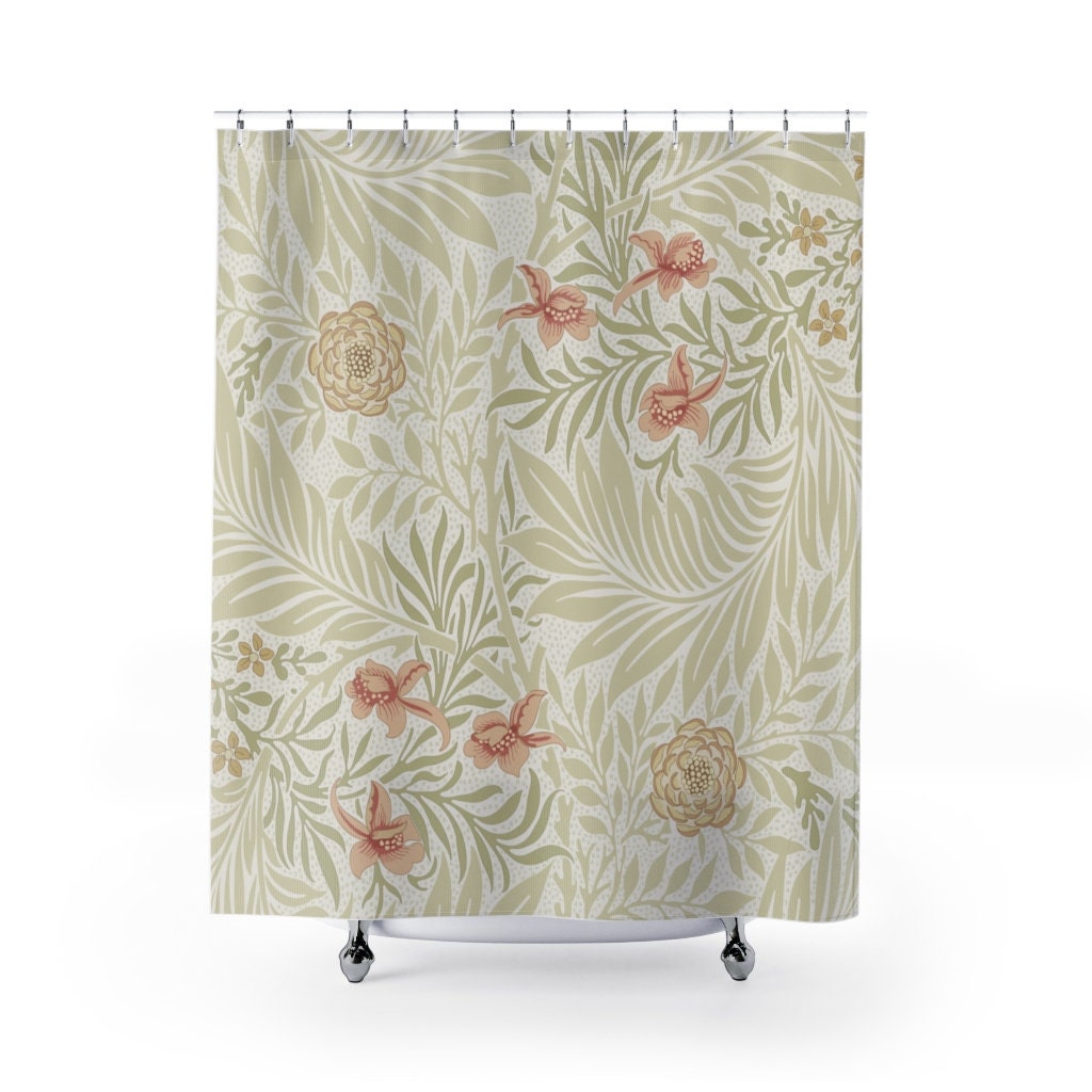Antique Pattern Print Bath Decor with William Morris Soft Green, Pink & Ivory Larkspur Shower Curtain