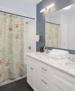 Antique Pattern Print Bath Decor with William Morris Soft Green, Pink & Ivory Larkspur Shower Curtain