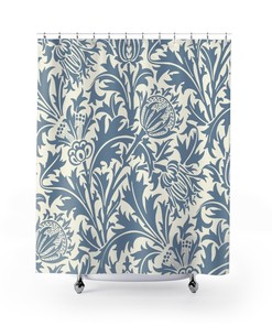 Antique Pattern Print Bath Decor with William Morris Thistle Blue & Ivory Cream Shower Curtain