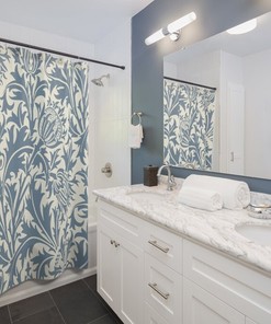 Antique Pattern Print Bath Decor with William Morris Thistle Blue & Ivory Cream Shower Curtain