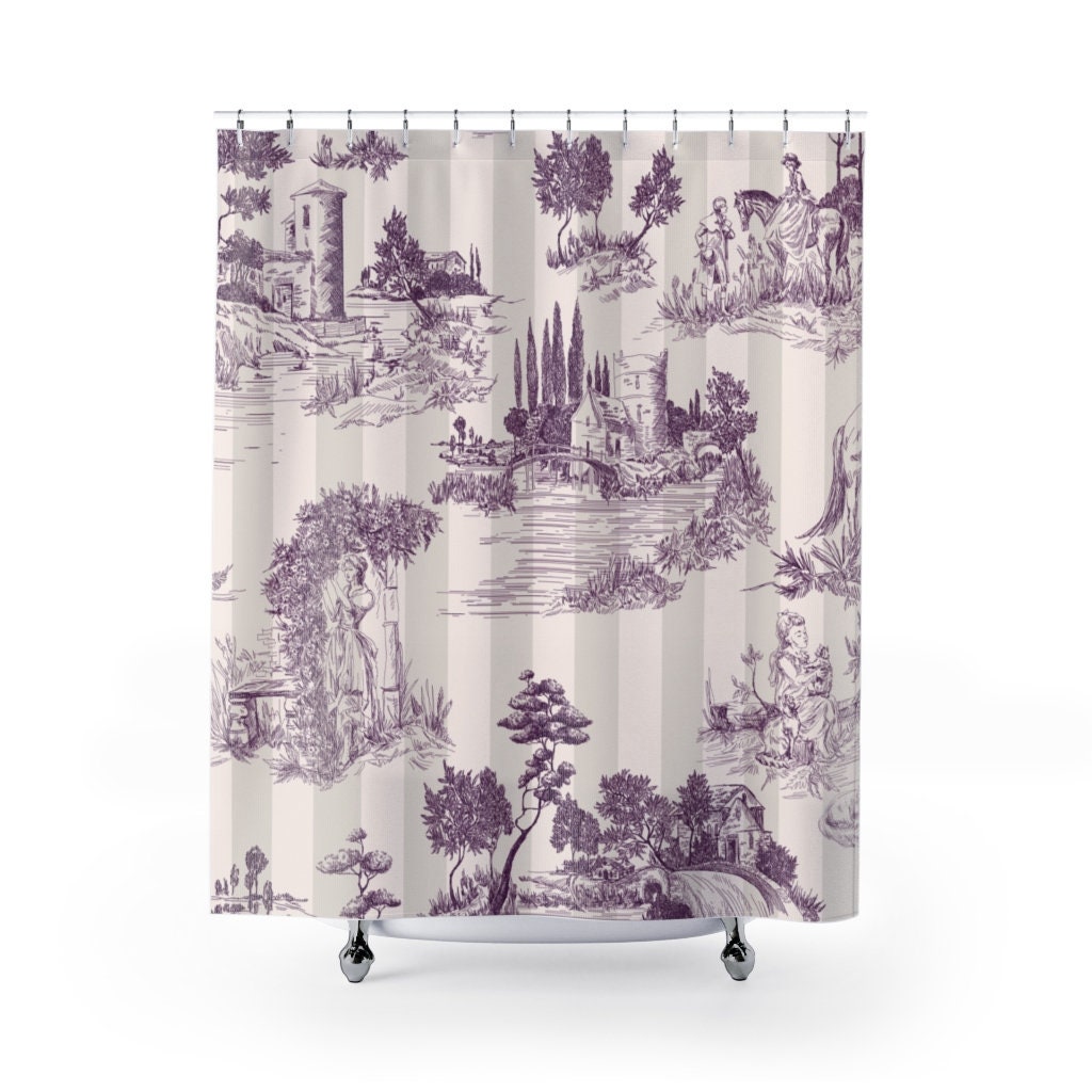 Antique Plum Toile de Jouy Print Shower Curtain, Vintage European Pattern, Country Cottage Farmhouse, Bathroom Decor