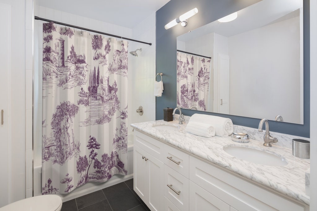 Antique Plum Toile de Jouy Print Shower Curtain, Vintage European Pattern, Country Cottage Farmhouse, Bathroom Decor