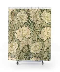 Antique Print Bathroom Vintage English Bathroom Accessory with William Morris Green Chrysanthemum Pattern Shower Curtain