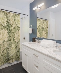 Antique Print Bathroom Vintage English Bathroom Accessory with William Morris Green Chrysanthemum Pattern Shower Curtain