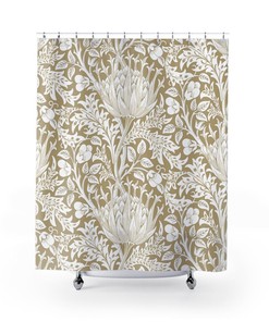 Antique Print Shower Curtain, William Morris Artichoke Warm Beige White Pattern, Vintage English Bathroom Accessory