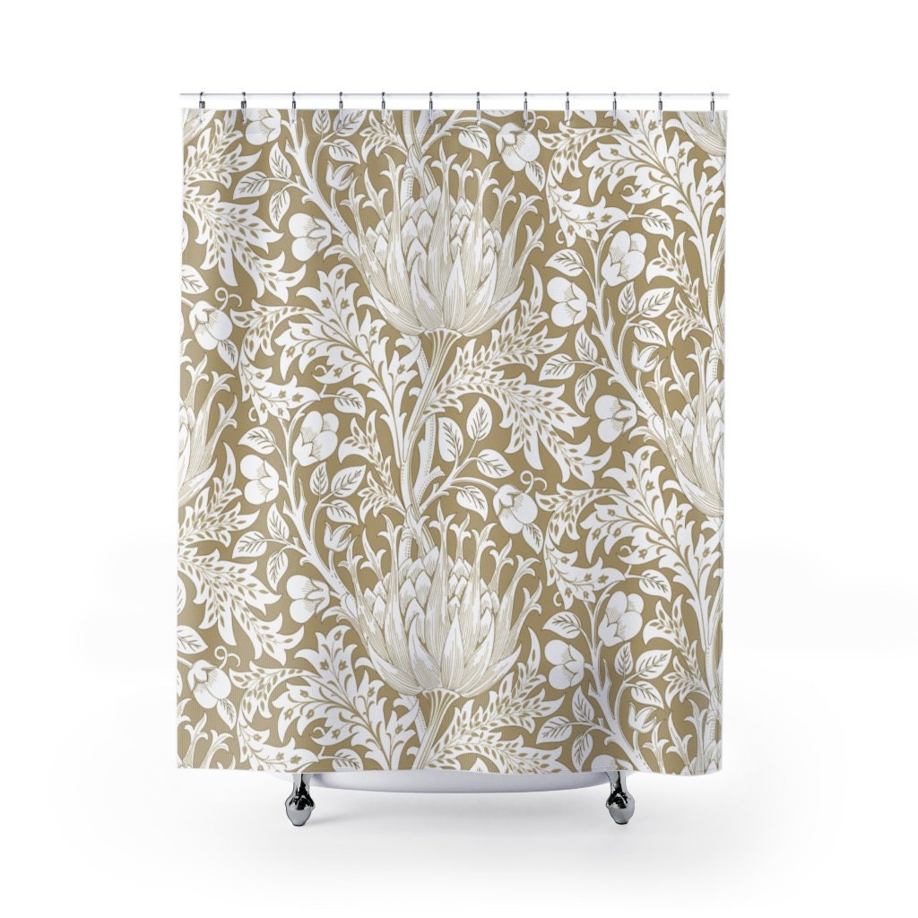 Antique Print Shower Curtain, William Morris Artichoke Warm Beige White Pattern, Vintage English Bathroom Accessory
