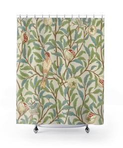 Antique Print Shower Curtain, William Morris Bird & Pomegranate Green Cream Vintage English Bathroom Accessory