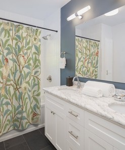 Antique Print Shower Curtain, William Morris Bird & Pomegranate Green Cream Vintage English Bathroom Accessory