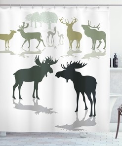 Antlers Shower Curtain With Elk, Deer, And Fawn Forest Print For Nature Lovers