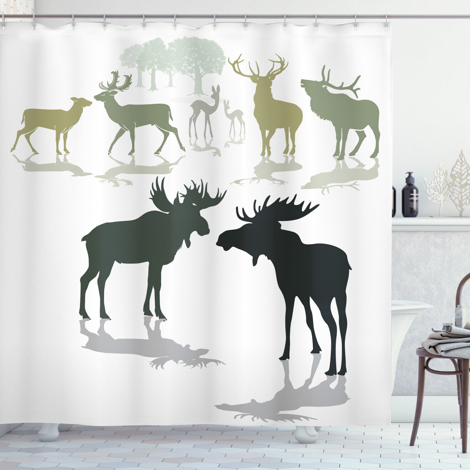 Antlers Shower Curtain With Elk, Deer, And Fawn Forest Print For Nature Lovers