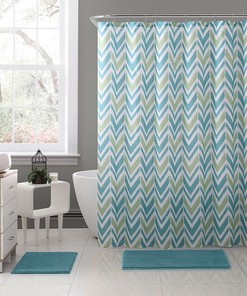 Aqua Blue Green White Chevron Shower Curtain - Geometric Bathroom Decor