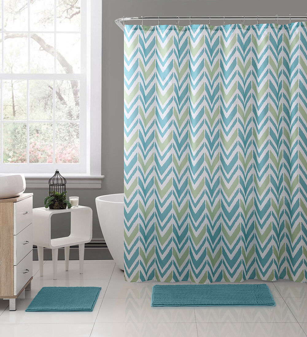 Aqua Blue Green White Chevron Shower Curtain - Geometric Bathroom Decor