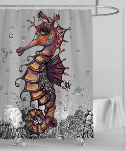 Aqua Blue Sea Horse Print Shower Curtain Bathroom for Under the Sea Bathroom Decor