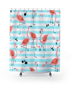 Aqua Blue Watercolor Pink Flamingos Shower Curtain for a Beach House Decor